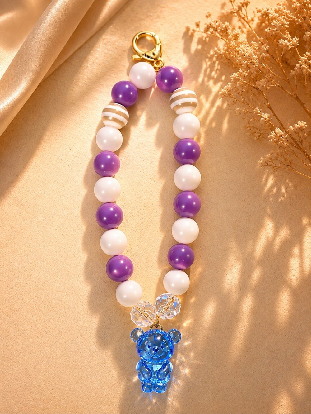 Women Jewelry Purple & White Beaded Bracelet with Blue Bear Charm